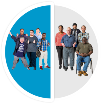 A circle with people in it.  Half of the circle is blue and the other half is grey.
