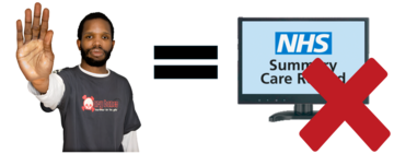A man with his hand up in a stop position and an equals sign and a computer with summary care record on the screen and a cross beside it.