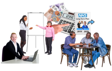 People doing different things: a person at a computer, 2 people in front of a flipchart, a person adding up money and a group of people sitting at a table with a plan behind them.