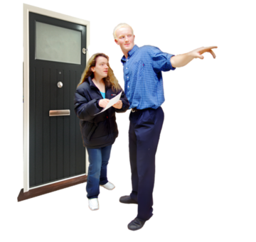 A woman holds a piece of paper outside a front door looking at a man who is pointing away from the door