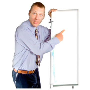 A man pointing to a white board