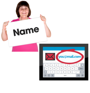 A woman holding up a sign that has the word Name on it is next to a picture of an email message with the address circled in red
