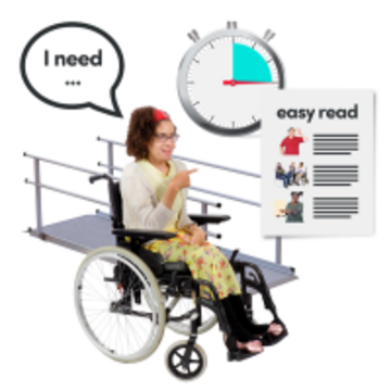 A woman in a wheelchair pointing to an easy read document saying  'I need..'
