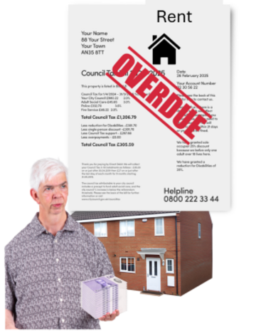 A picture of a man outside a house underneath an overdue rent bill