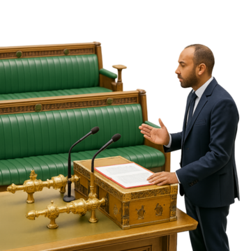 A man in a suit standing at a microphone asking a question in Parliament.