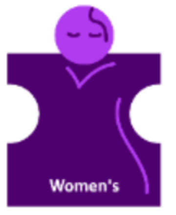 A purple jigsaw piece with the word Women's on it