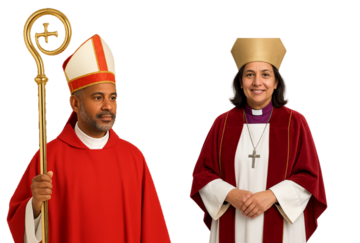 A man wearing bishop's robes and a woman wearing archbishop's robes.