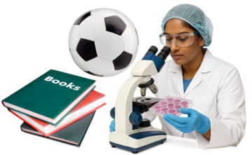 A pile of books, a football and a woman looking at samples under a microscope.