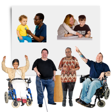 A group of people with disabilities pointing to a board which has a picture of a doctor listening to a child's heart and a woman helping a boy to write.