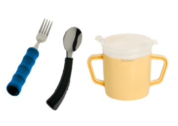 A cup with a lid and spout and a fork and a spoon with thick handles.
