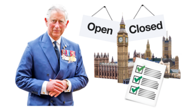King Charles beside the Houses of Parliament which has open and closed signs and a list with green ticks on beside it.