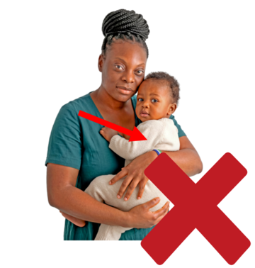 A red cross beside a woman holding a baby with an arrow pointing from the woman to the baby.