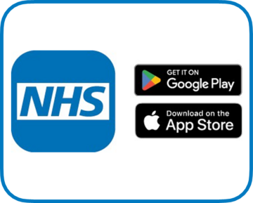 The NHS logo and next to it the logos for the Google Play app store and the Apple app store.