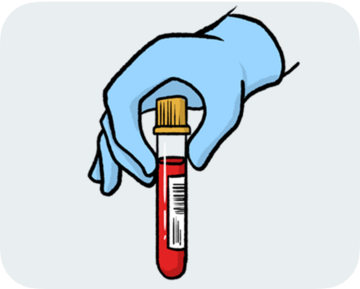 A gloved hand holding a tube of blood.
