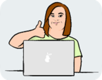 A woman sitting at a laptop with her thumb up.