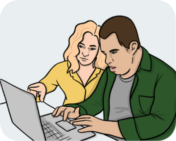 Two people sitting at a laptop.  One person is pointing to the screen and the other person is typing. 