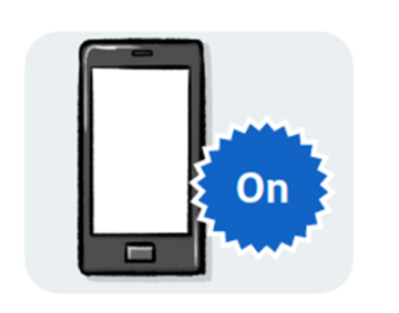 A mobile phone with the word on beside it.