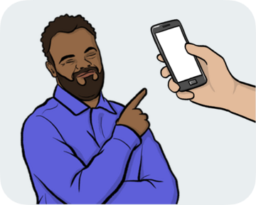 A man pointing to a hand holding a mobile phone.