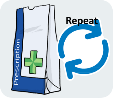 A paper bag with the word prescription on it.  Beside it is a blue circular arrow and the word repeat