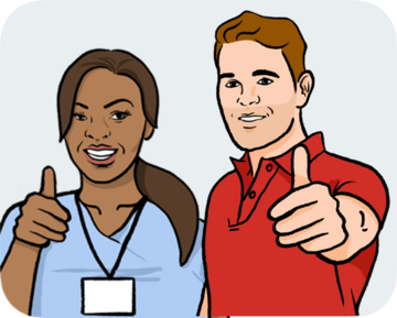Two people smiling with their thumbs up.  One person is wearing an ID card around her neck.