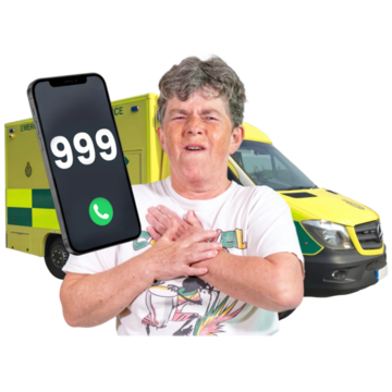 A woman in distress in front of an emergency ambulance - there is a mobile phone with '999' on the screen