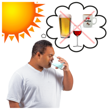 On a very hot sunny day a man is drinking a glass of water. Above him is are images of beer and wine with a red cross over them.