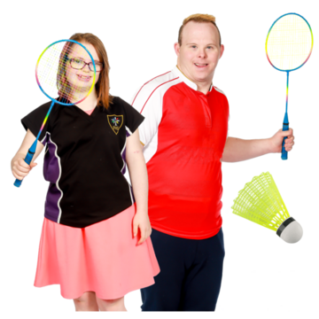 A boy and a girl holding badminton rackets and a shuttlecock.