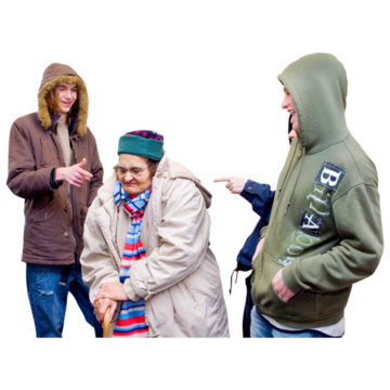 Two people in hoodies pointing at an older lady who is looking upset.