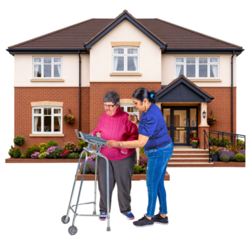 A woman with a walking frame and her supporter outside a house