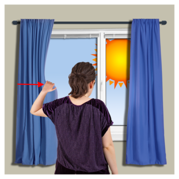 A woman closing her blue curtains as it's very sunny and hot outside