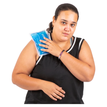 A woman cools her shoulder with an ice pack
