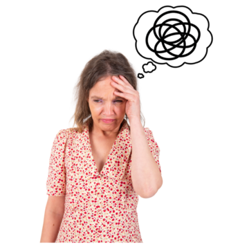 A woman looks unwell and confused, holding her head