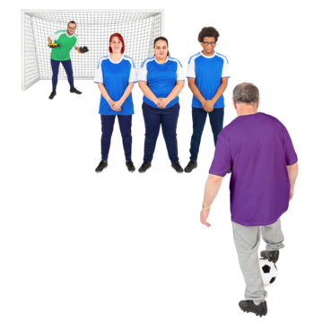 A man with a football facing 3 players and a goal keeper.