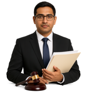 A man in a suit holding some papers and standing beside a hammer and gavel.