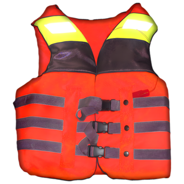 A red life jacket with reflective strips at the top 