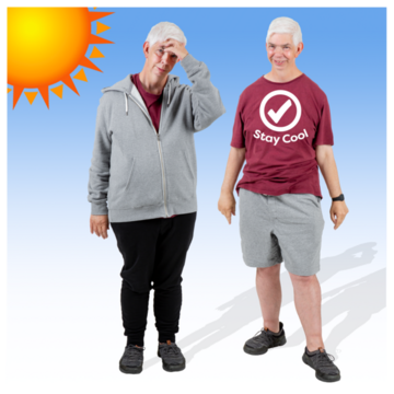 A man on a hot sunny day wearing too many clothes and next to him a man with no jumper on