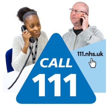 Two people calling on their phones - a large blue triangle in the middle says 'Call 111' the NHS helpline