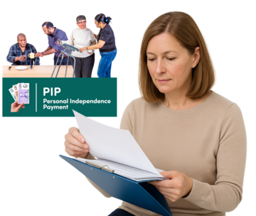 A woman looking at some papers with the word PIP behind her and people helping other people to have a meal and to walk.