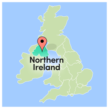 A map with Northern Ireland highlighted in bright green and a location pin which says Northern Ireland.