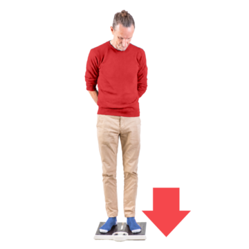 A man standing on some scales with a red arrow pointing downwards beside him.