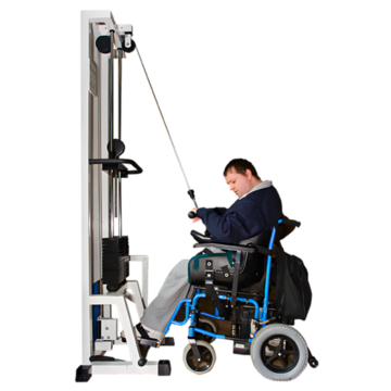 A man in a wheelchair using a weights machine.