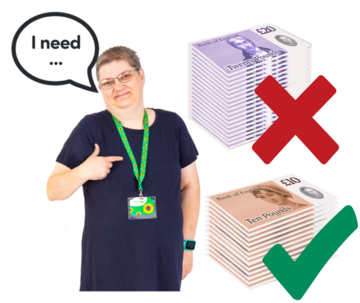 A woman wearing a sunflower lanyard and saying 'I need'.  Beside her is a big pile of money with a red cross beside it and a smaller pile of money with a green tick beside it.