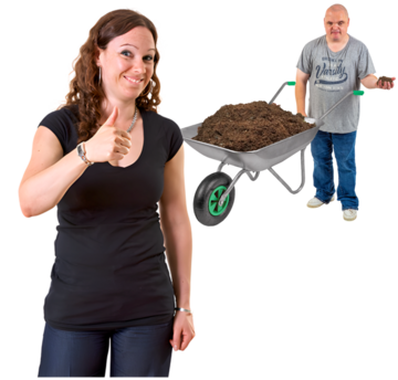 A woman smiling with her thumb up.  Behind her is a man with a wheelbarrow full of earth.
