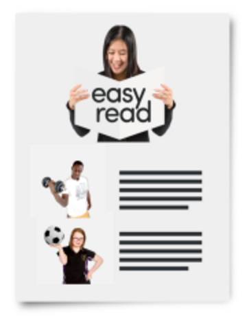 An easy read document with images of a man lifting a weight and a girl holding a football.