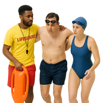 A lifeguard helps a swimmer with his arm around him