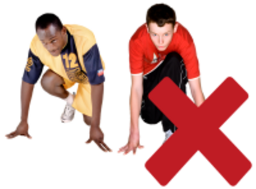 a red cross beside two men crouched ready to start a race.