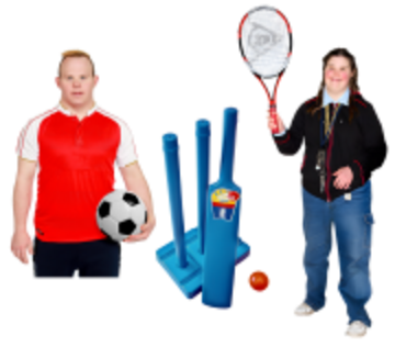 A boy holding a football, a set of cricket stumps, bat and ball and a girl holding a tennis racket.
