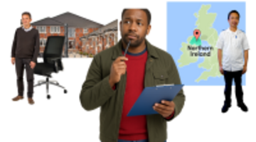 A man with a clipboard thinking.  On one side of him is a manager and a hospital.  On the other side is a map of the UK with Northern Ireland highlighted and a member of healthcare staff.