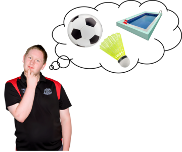 A man thinking.  In the thought bubble is a football, a badminton shuttlecock and a swimming pool.