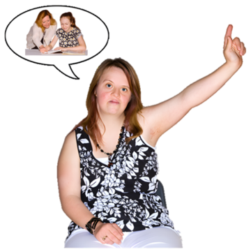 A young woman has her hand in the air with a speech bubble showing someone supporting a child to do some work